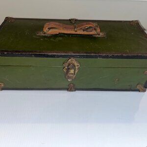 Eagle Lock Company Antique / Vintage Wooden box with leather handle, brass claps